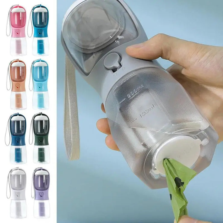 3-in-1 dog water bottle with food container and waste bag holder