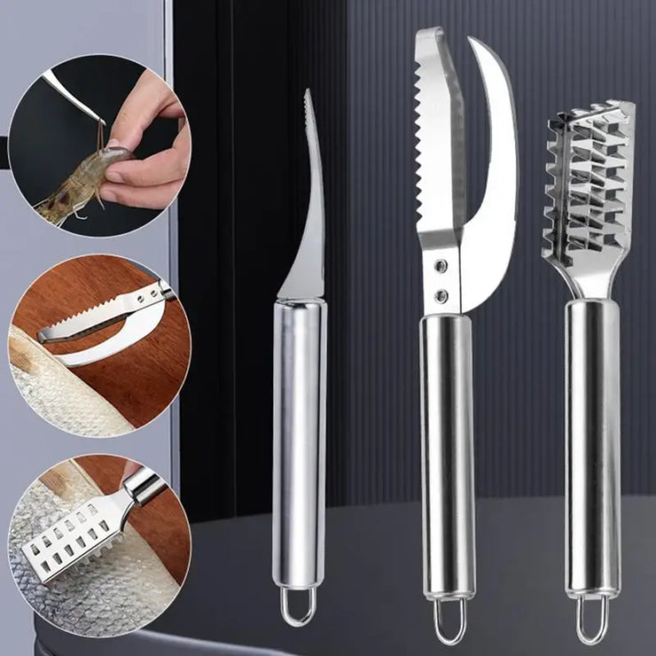 3pcs stainless steel fish scale scraper set with shrimp cleaner