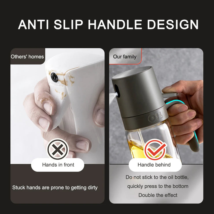 No-drip olive oil dispenser with ergonomic handle”