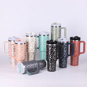 Leopard print travel mug with handle and lid 