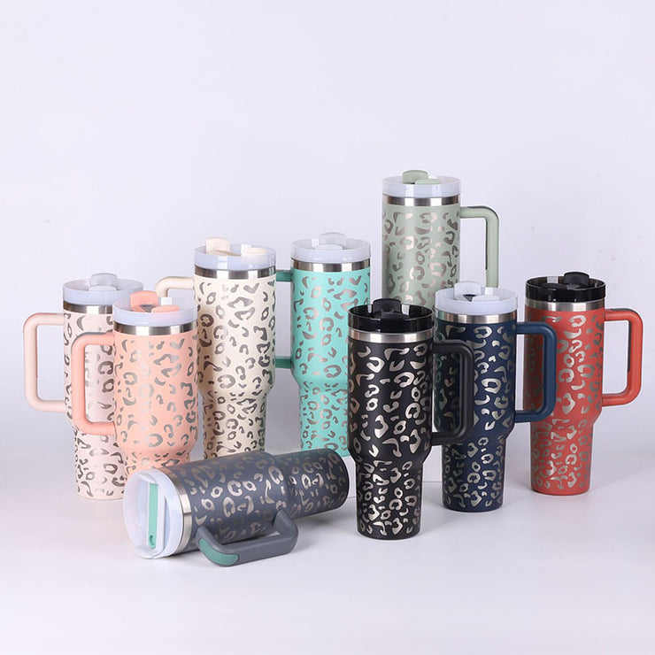 Leopard print travel mug with handle and lid 