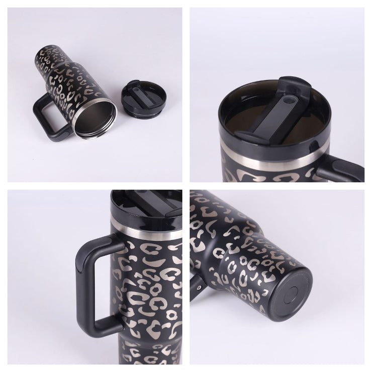 Leopard print travel mug with handle and lid 